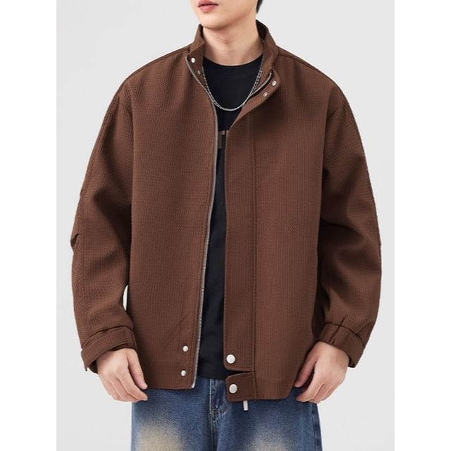 Nataro-Stand Collar Plain Zip Jacket