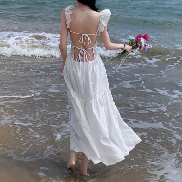 sachin and babi light blue dress Cap-Sleeve V-Neck Floral Embroidered Lace Panel Open Back Maxi A-Line Dress