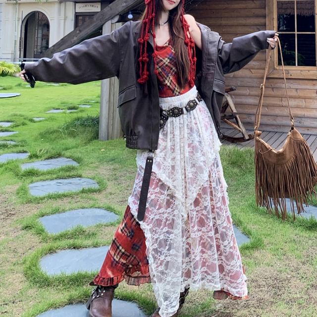 Nebbia-Collared Faux Leather Plain Zip Jacket Spaghetti Strap Plaid Maxi A-Line Dress High Waist Lace Maxi Skirt Belt Set