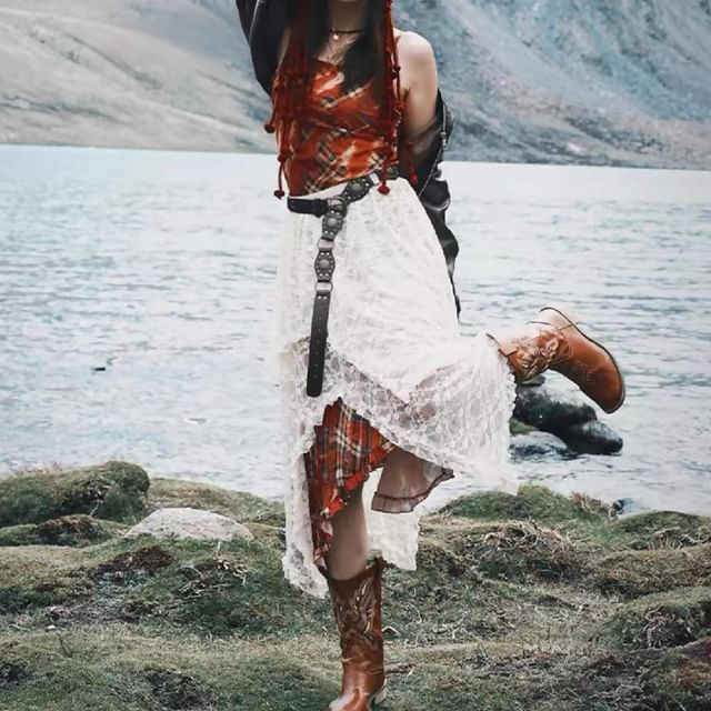 Nebbia-Collared Zip-Up Plain Jacket Spaghetti Strap Plaid Midi A-Line Dress High Rise Asymmetrical Layered Lace Skirt Fringed Bonnet Hat Belt Set