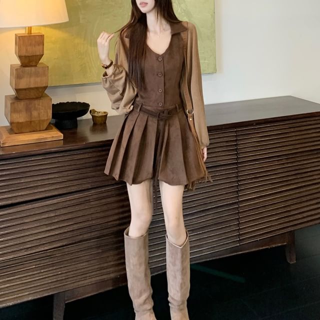 Nebbia-Halter Collar Plain Button Pleated Mini A-Line Dress Open Front Cardigan Belt Set