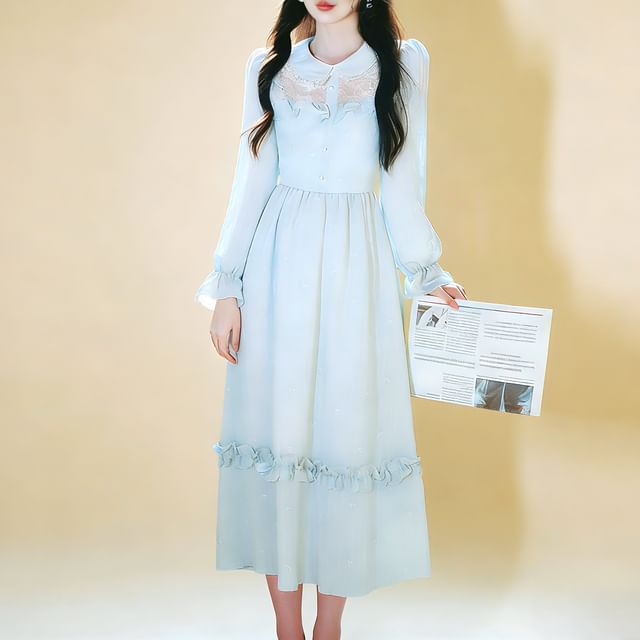 Nebbia-Long Sleeve Collared Plain Lace Panel Ruffle Trim Maxi A-Line Dress