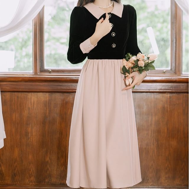 Nebbia-Long Sleeve Collared Two Tone Button Midi A-Line Dress