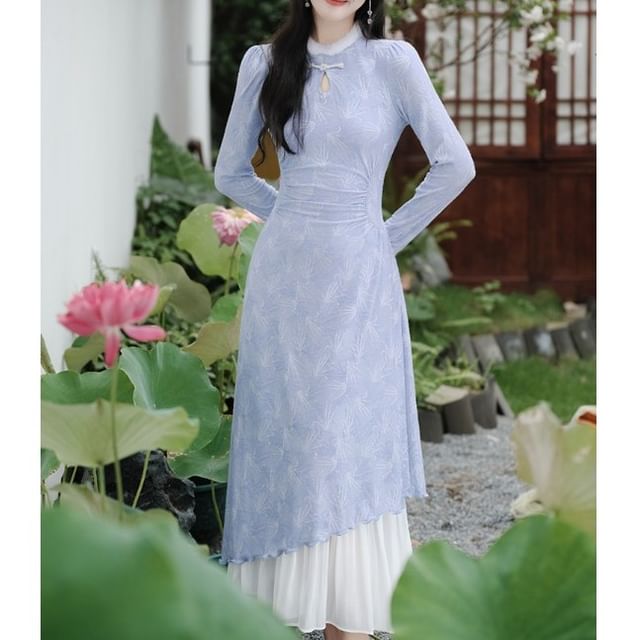 Nebbia-Long-Sleeve Mandarin Collar Frog Button Fluffy Trim Midi A-Line Dress
