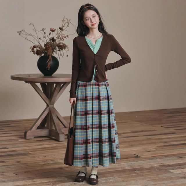 Nebbia-Mock Two-Piece Notch Neck Two Tone Button-Up Cardigan High Waist Plaid Pleated Midi A-Line Skirt