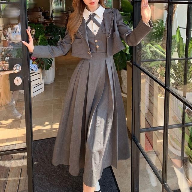 Nebbia-One buttoned Plain Crop Blazer Long-Sleeve Two Tone Midi A-Line Dress Set