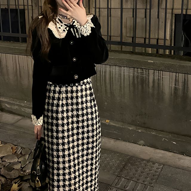 Nebbia-Set Collared Velvet Button-Up Crop Jacket High Waist Houndstooth Maxi Skirt