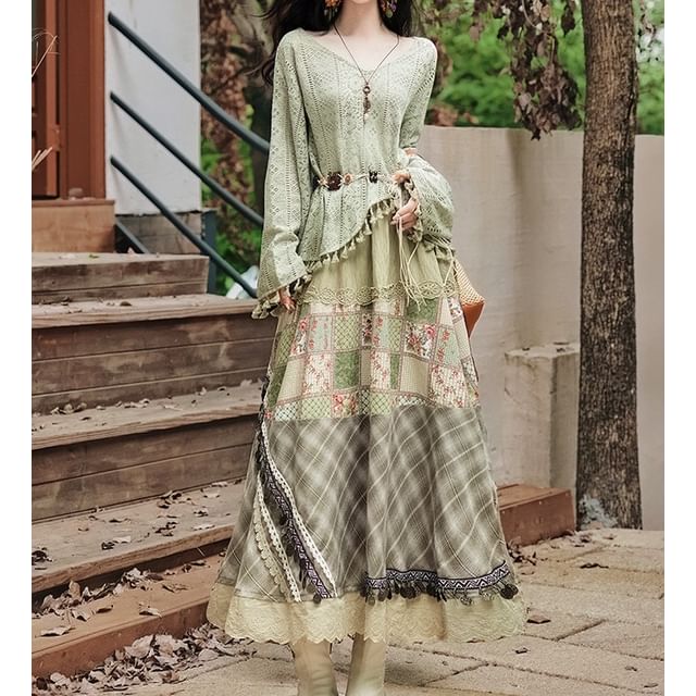 Nebbia-Set Long-Sleeve V-Neck Plain Pointelle Top Mid Rise Ruffle Trim Patchwork Maxi A-Line Skirt Belt