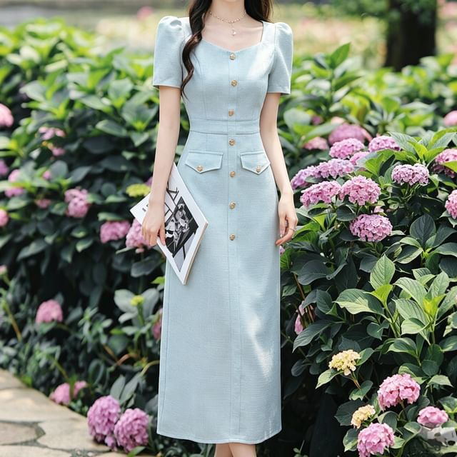 Nebbia-Short Sleeve Square Neck Plain Panel Button Midi Sheath Dress