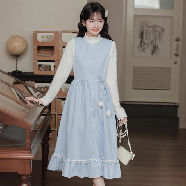 sleeveless dress with long sleeve shirt Sleeveless Square Neck Denim Maxi Dress / Long-Sleeve Plain Shirt