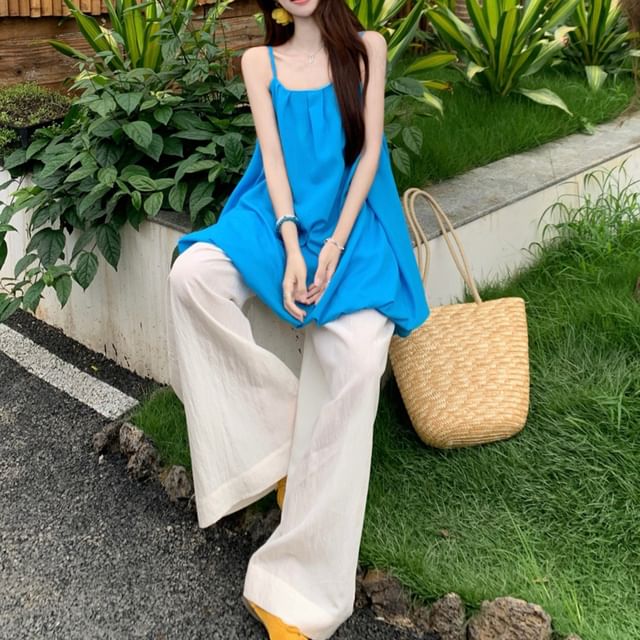 Nebbia-Spaghetti Strap Scoop Neck Plain Bubble Mini A-Line Dress High Waist Plain Wide Leg Pants Set