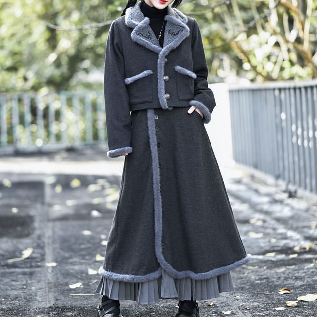 Nekomata-Fleece Lined Lapel Collar Button-Up Jacket High Waist Overlay Maxi A-Line Skirt
