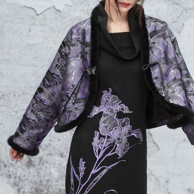 Nekomata-Frog Buttoned Fleece Trim Crop Jacket