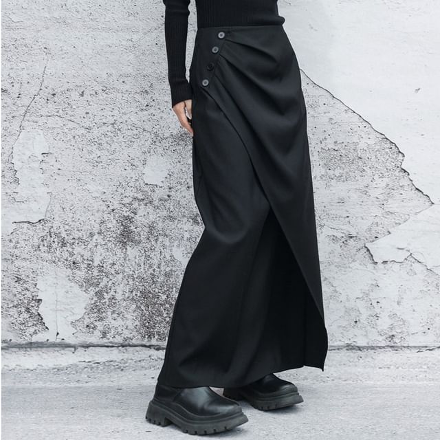 Nekomata-High Rise Plain Button Slit Maxi Wrap Skirt