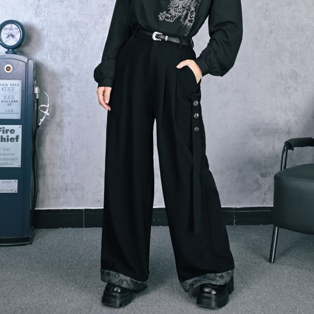 Nekomata-High Waist Pattern Panel Buttoned Wide Leg Pants