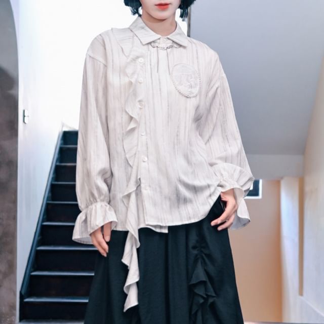 Nekomata-Long-Sleeve Collared Tie Dye Asymmetrical Ruffle Trim Button-Up Blouse