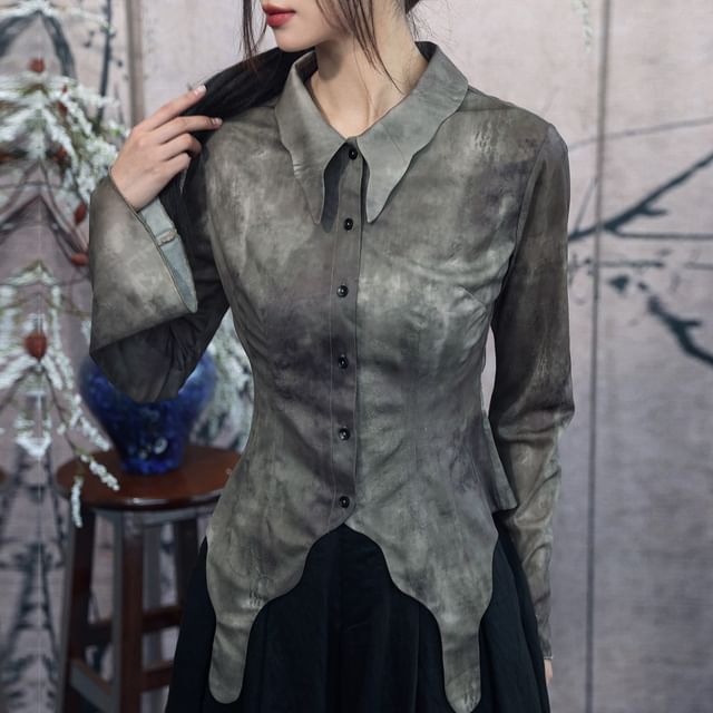 Nekomata-Long Sleeve Collared Tie Dye Shirt