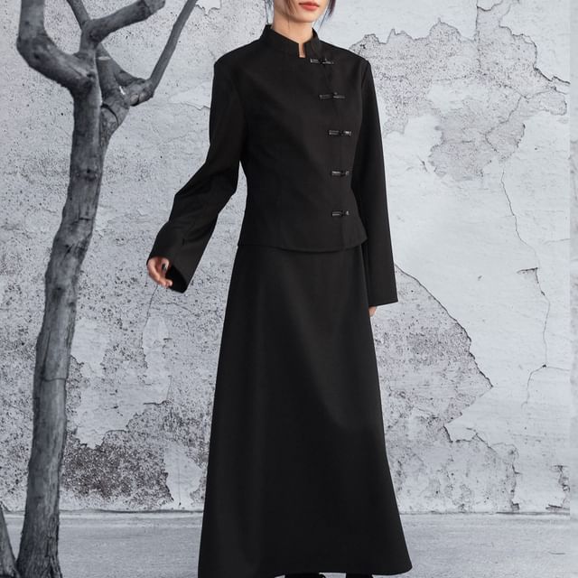 Nekomata-Long-Sleeve Mock Neck Plain Frog-Button Mock Two-Piece Maxi A-Line Dress