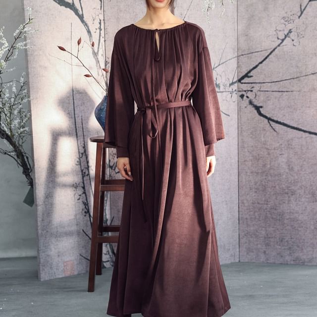 Nekomata-Long-Sleeve Sashed Plain Maxi A-Line Dress