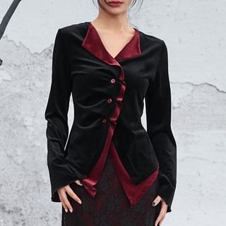 Nekomata-Long-Sleeve Split Neck Two Tone Button-Up Velvet Blouse
