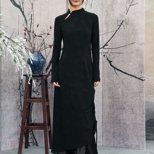 Nekomata-Long Sleeve Stand Collar Plain Drawstring Asymmetrical Maxi Sheath Dress