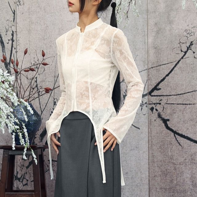 Nekomata-Long Sleeve Stand Collar Plain Lace Blouse