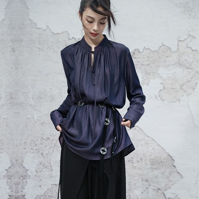 Nekomata-Long Sleeve Tie Neck Plain Gathered Blouse
