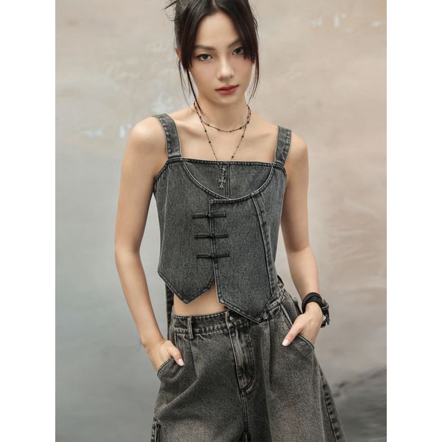 Nekomata-Mock Two-Piece Square Neck Asymmetrical Frog Buttoned Denim Crop Tank Top
