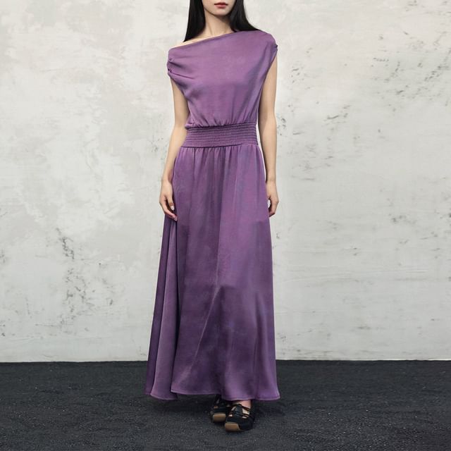 Nekomata-Off Shoulder Plain Maxi A-Line Dress