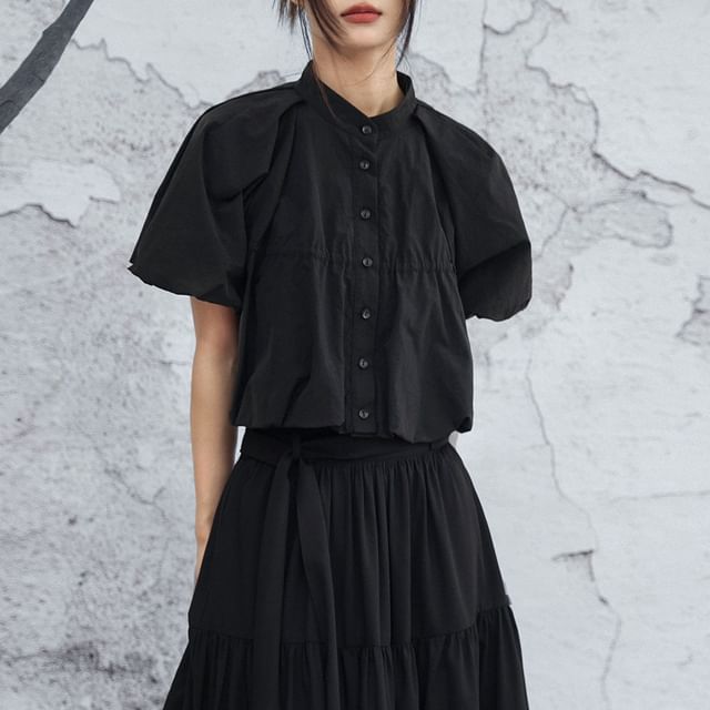 Nekomata-Puff-Sleeve Stand Collar Plain Shirt