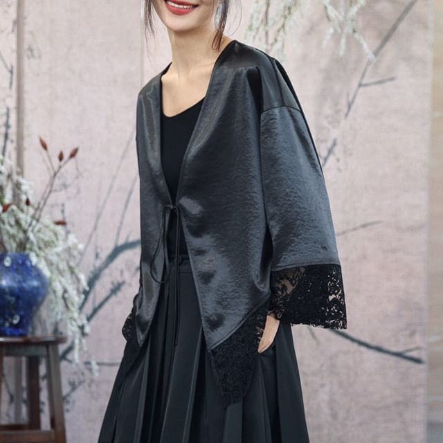 Nekomata-V-Neck Plain Lace Panel Satin Tie Front Jacket