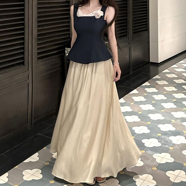 NENE-Elastic Waist Plain Maxi A-Line Skirt