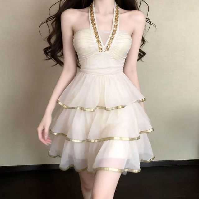 NENE-Halter Beaded Tiered Mesh Mini A-Line Dress