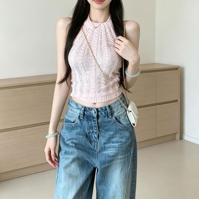 NENE-Halter Neck Plain Cable Knit Crop Top