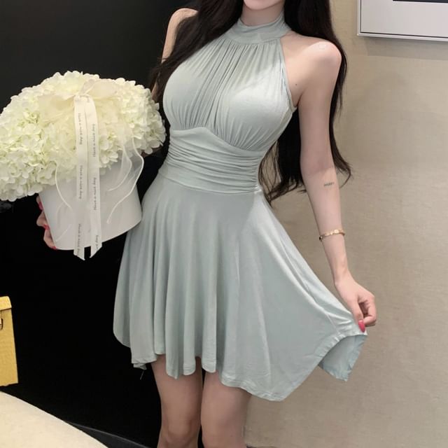 NENE-Halter Neck Plain Ruched Mini A-Line Dress