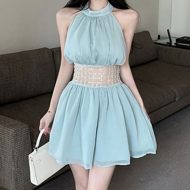 NENE-Halter Neck Sheer Panel Embellished Mini A-Line Dress
