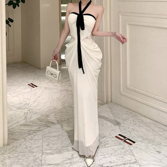 NENE-Halter Two Tone Ruched Mesh Maxi Sheath Dress
