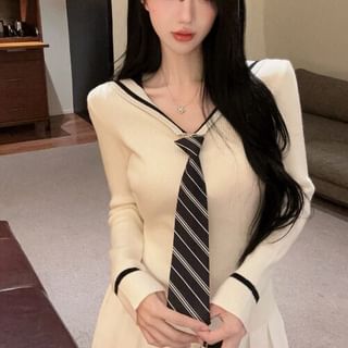 NENE-Long-Sleeve Collared Neck Tie Panel Sweater Mid Rise Mini Pleated Skirt