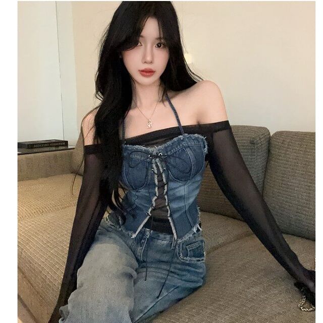 NENE-Long-Sleeve Off Shoulder Denim Panel Sheer Top