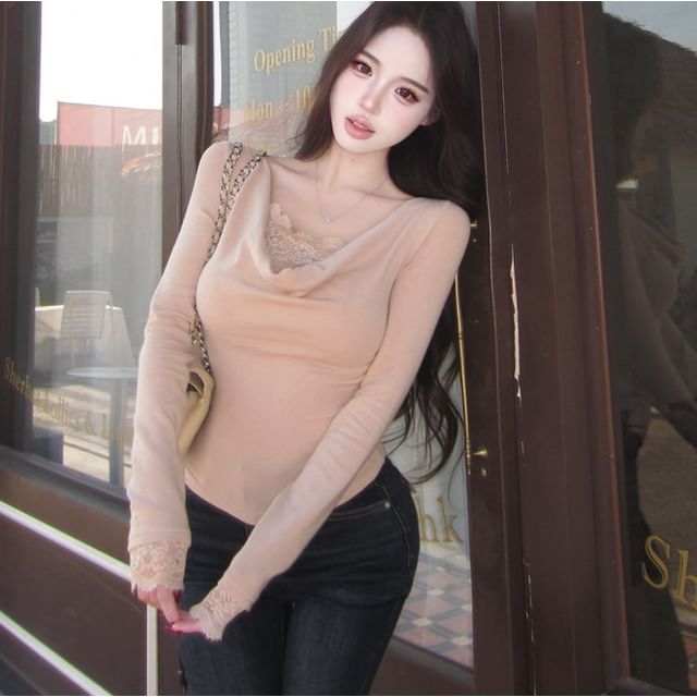 NENE-Long-Sleeve Off Shoulder Lace Panel Plain Top