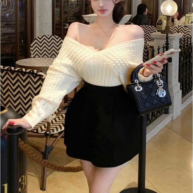 NENE-Off Shoulder Plain Pointelle Sweater High Waist Plain Mini A-Line Skirt