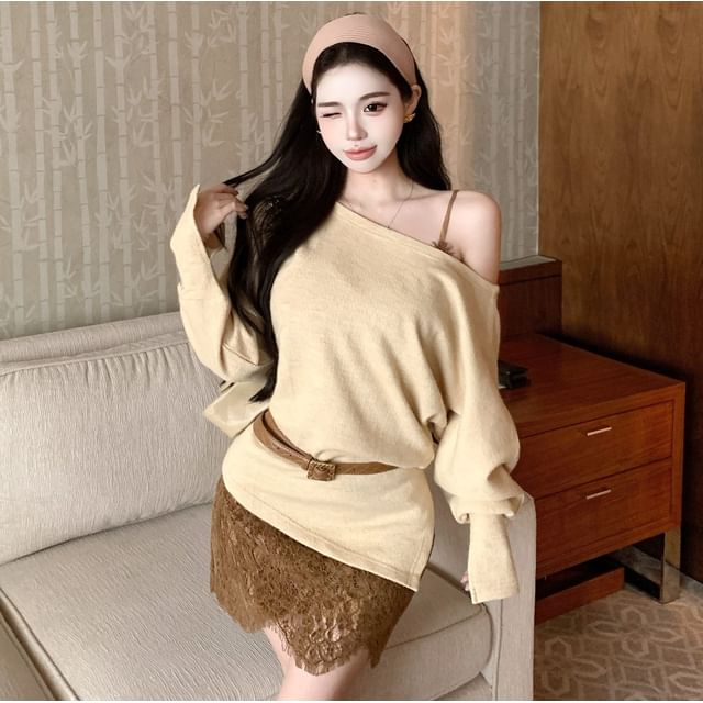 NENE-One-Shoulder Plain Side-Slit Sweater Spaghetti Strap Lace Mini Bodycon Dress Belt