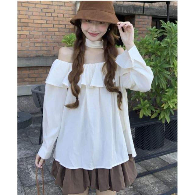 NENE-Set Long-Sleeve V-Neck Plain Blouse Choker