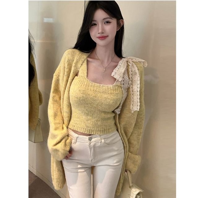 NENE-Set Sleeveless Square Neck Plain Knit Top Plain Cardigan