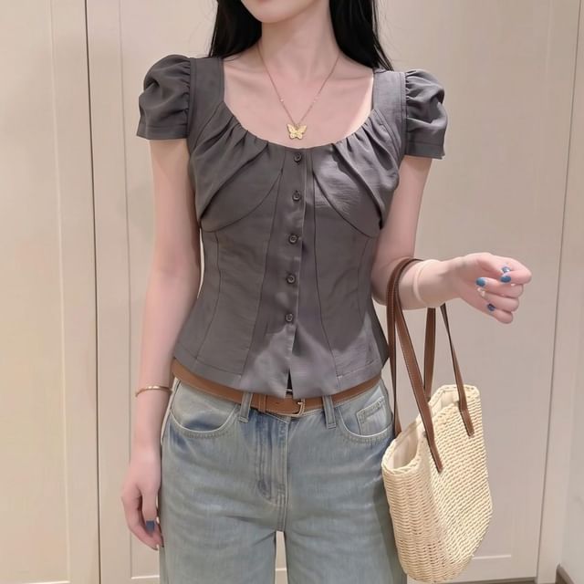 NENE-Short-Sleeve Scoop Neck Button-Up Plain Crop Blouse