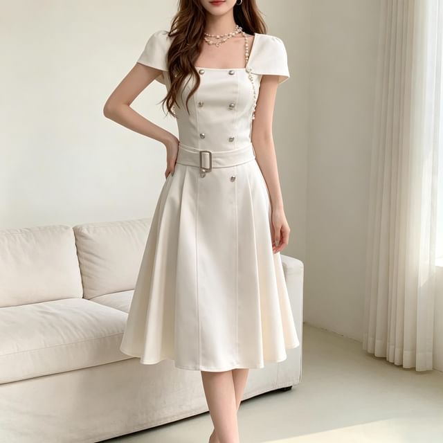 NENE-Short-Sleeve Square Neck Plain Belted Mini A-Line Dress