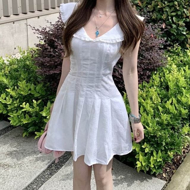 NENE-Sleeveless V-Neck Collared Plain Mini A-Line Dress