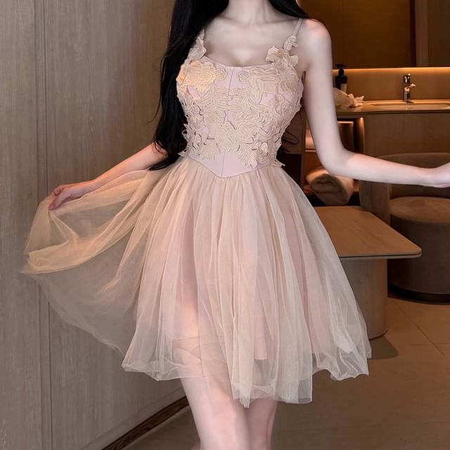 NENE-Spaghetti Strap Mesh Overlay Mini A-Line Dress