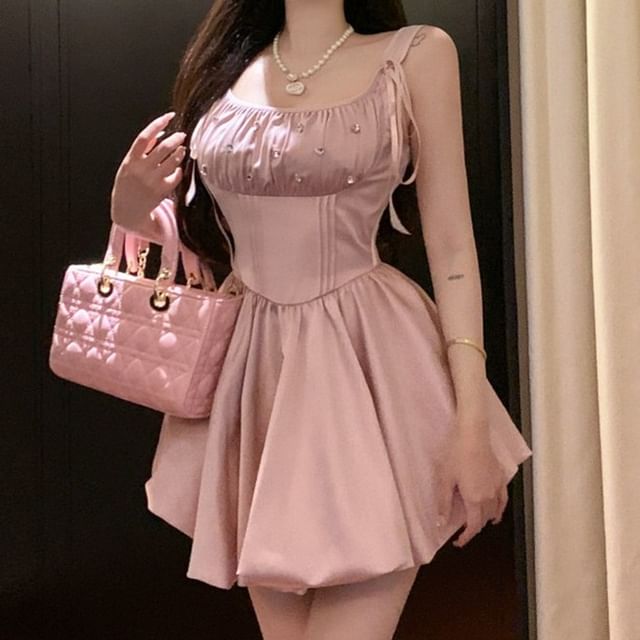 NENE-Spaghetti Strap Scoop Neck Rhinestone Accent Satin Mini A-Line Dress