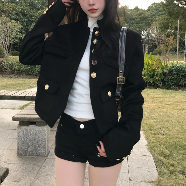 NENE-Stand Collar Button-Up Plain Crop Jacket